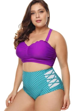 New Dear-Lover Purple & Blue Scalloped Detail High Waist Swimsuit multicolour