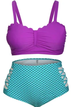 New Dear-Lover Purple & Blue Scalloped Detail High Waist Swimsuit multicolour