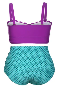 New Dear-Lover Purple & Blue Scalloped Detail High Waist Swimsuit multicolour