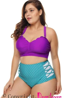 New Dear-Lover Purple & Blue Scalloped Detail High Waist Swimsuit multicolour