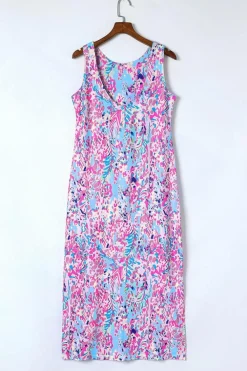 Hot Dear-Lover Abstract Floral Print Sleeveless Maxi Dress Purple