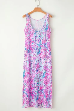 Hot Dear-Lover Abstract Floral Print Sleeveless Maxi Dress Purple