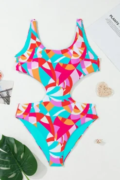 New Dear-Lover Abstract Geometry Print Daring Cutout Reversible One Piece Swimsuit Purple