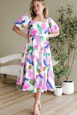 Clearance Dear-Lover Abstract Print Puff Sleeve Smocked Back Midi Dress Purple