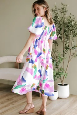 Clearance Dear-Lover Abstract Print Puff Sleeve Smocked Back Midi Dress Purple