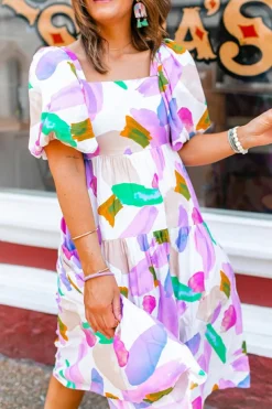 Clearance Dear-Lover Abstract Print Puff Sleeve Smocked Back Midi Dress Purple