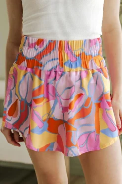 New Dear-Lover Abstract Print Smock Waist Casual Shorts Purple