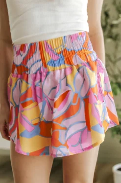 New Dear-Lover Abstract Print Smock Waist Casual Shorts Purple