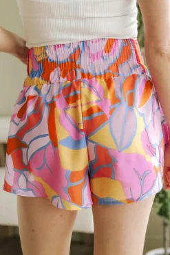 New Dear-Lover Abstract Print Smock Waist Casual Shorts Purple