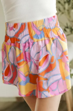 New Dear-Lover Abstract Print Smock Waist Casual Shorts Purple