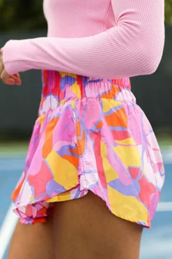 New Dear-Lover Abstract Print Smock Waist Casual Shorts Purple