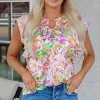 Fashion Dear-Lover Abstract Printed Ruffled Short Sleeve Notched Neck Blouse Purple