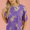 Outlet Dear-Lover Allover Tiger Printed Patch Pocket Loose T Shirt Purple