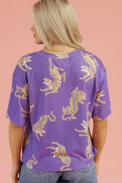 Outlet Dear-Lover Allover Tiger Printed Patch Pocket Loose T Shirt Purple