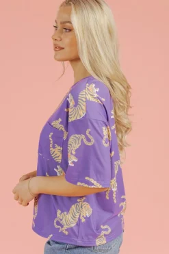 Outlet Dear-Lover Allover Tiger Printed Patch Pocket Loose T Shirt Purple