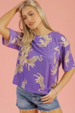 Outlet Dear-Lover Allover Tiger Printed Patch Pocket Loose T Shirt Purple