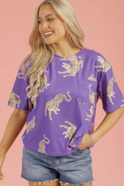 Outlet Dear-Lover Allover Tiger Printed Patch Pocket Loose T Shirt Purple