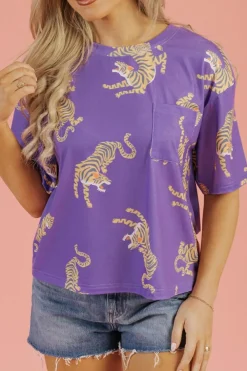 Outlet Dear-Lover Allover Tiger Printed Patch Pocket Loose T Shirt Purple