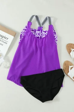 Fashion Dear-Lover Black Black Orange Printed Splicing Racerback Tankini Purple