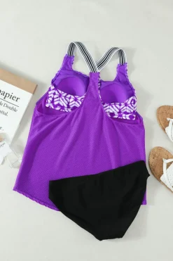 Fashion Dear-Lover Black Black Orange Printed Splicing Racerback Tankini Purple