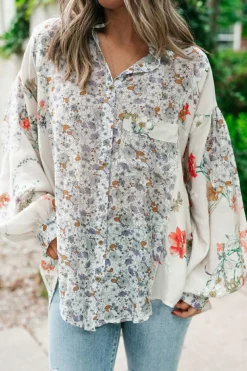 Clearance Dear-Lover Boho Floral Bishop Sleeve Button Up Loose Shirt Purple