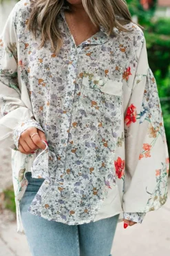 Clearance Dear-Lover Boho Floral Bishop Sleeve Button Up Loose Shirt Purple