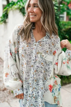 Clearance Dear-Lover Boho Floral Bishop Sleeve Button Up Loose Shirt Purple