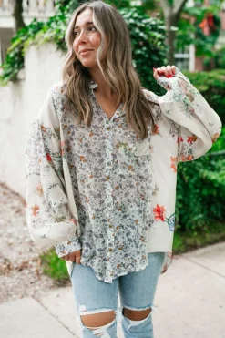 Clearance Dear-Lover Boho Floral Bishop Sleeve Button Up Loose Shirt Purple