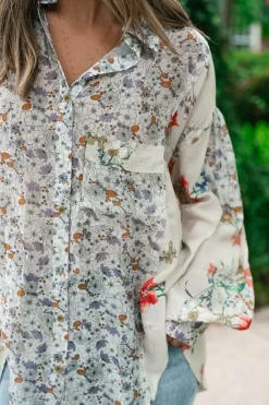 Clearance Dear-Lover Boho Floral Bishop Sleeve Button Up Loose Shirt Purple