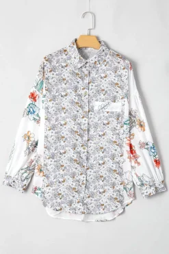 Clearance Dear-Lover Boho Floral Bishop Sleeve Button Up Loose Shirt Purple
