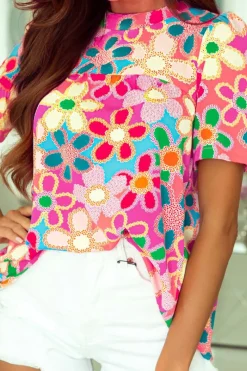 Best Dear-Lover Boho Flower Print Puff Short Sleeve Top Purple