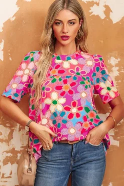 Best Dear-Lover Boho Flower Print Puff Short Sleeve Top Purple