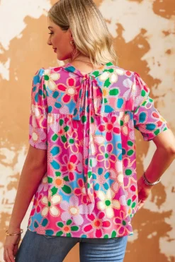Best Dear-Lover Boho Flower Print Puff Short Sleeve Top Purple