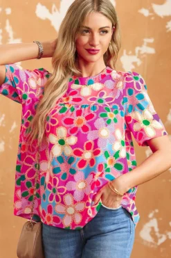 Best Dear-Lover Boho Flower Print Puff Short Sleeve Top Purple