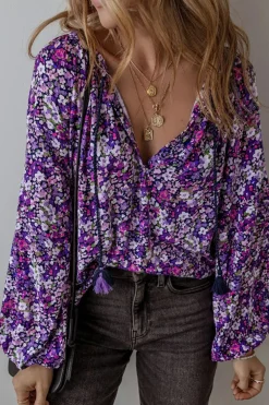 New Dear-Lover Boho Flower Split V Neck Bubble Sleeve Blouse Purple