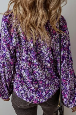 New Dear-Lover Boho Flower Split V Neck Bubble Sleeve Blouse Purple