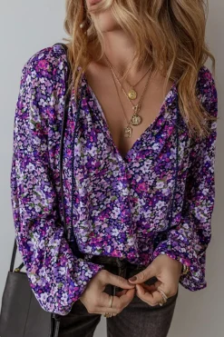 New Dear-Lover Boho Flower Split V Neck Bubble Sleeve Blouse Purple