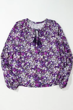 New Dear-Lover Boho Flower Split V Neck Bubble Sleeve Blouse Purple