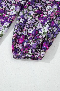New Dear-Lover Boho Flower Split V Neck Bubble Sleeve Blouse Purple