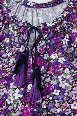 New Dear-Lover Boho Flower Split V Neck Bubble Sleeve Blouse Purple
