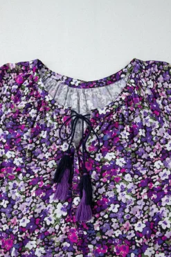 New Dear-Lover Boho Flower Split V Neck Bubble Sleeve Blouse Purple