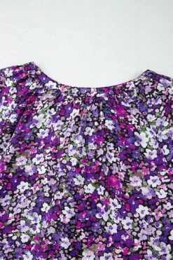 New Dear-Lover Boho Flower Split V Neck Bubble Sleeve Blouse Purple