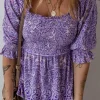 Hot Dear-Lover Boho Paisley Print Half Sleeve Shirred Peplum Blouse Purple