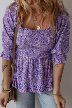 Hot Dear-Lover Boho Paisley Print Half Sleeve Shirred Peplum Blouse Purple