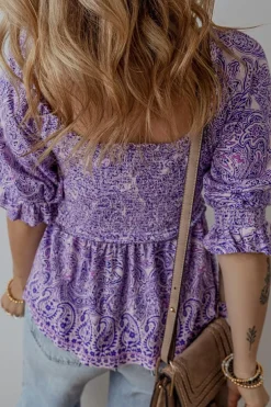 Hot Dear-Lover Boho Paisley Print Half Sleeve Shirred Peplum Blouse Purple