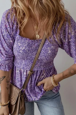 Hot Dear-Lover Boho Paisley Print Half Sleeve Shirred Peplum Blouse Purple