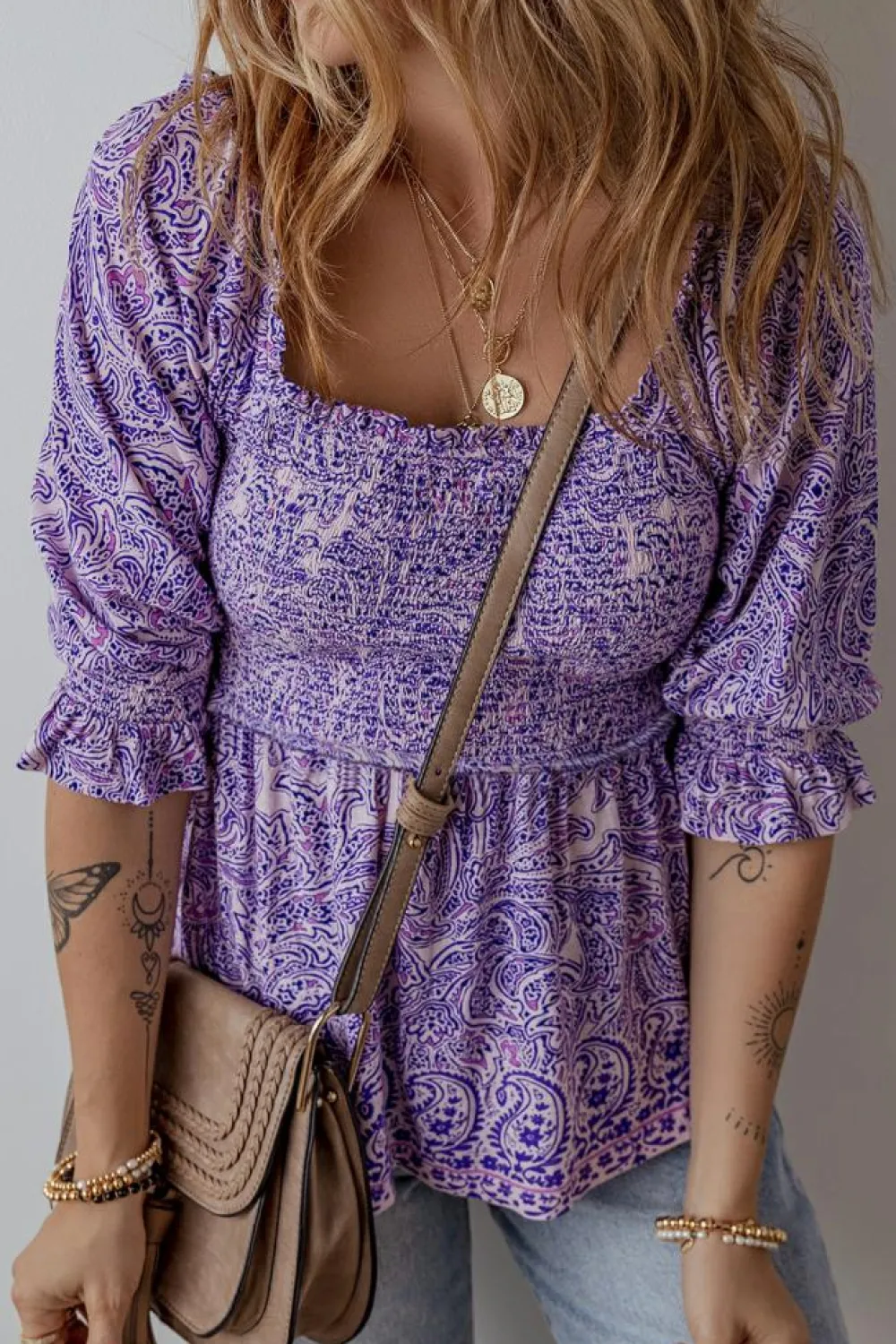 Hot Dear-Lover Boho Paisley Print Half Sleeve Shirred Peplum Blouse Purple