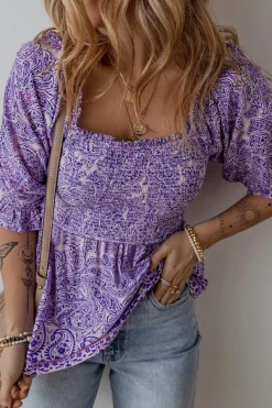 Hot Dear-Lover Boho Paisley Print Half Sleeve Shirred Peplum Blouse Purple