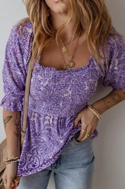 Hot Dear-Lover Boho Paisley Print Half Sleeve Shirred Peplum Blouse Purple