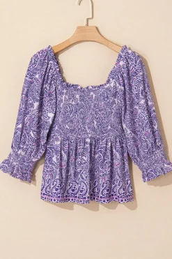 Hot Dear-Lover Boho Paisley Print Half Sleeve Shirred Peplum Blouse Purple